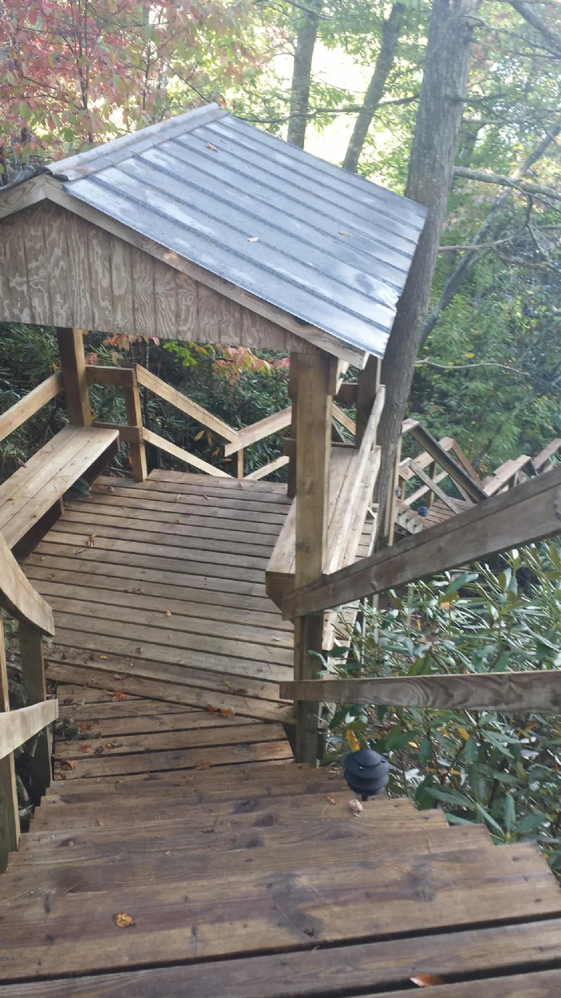 Metal roofed shelter over wooden steps on a wooded walkway — Skylight Repair & Installation work by our crew in Elwell
